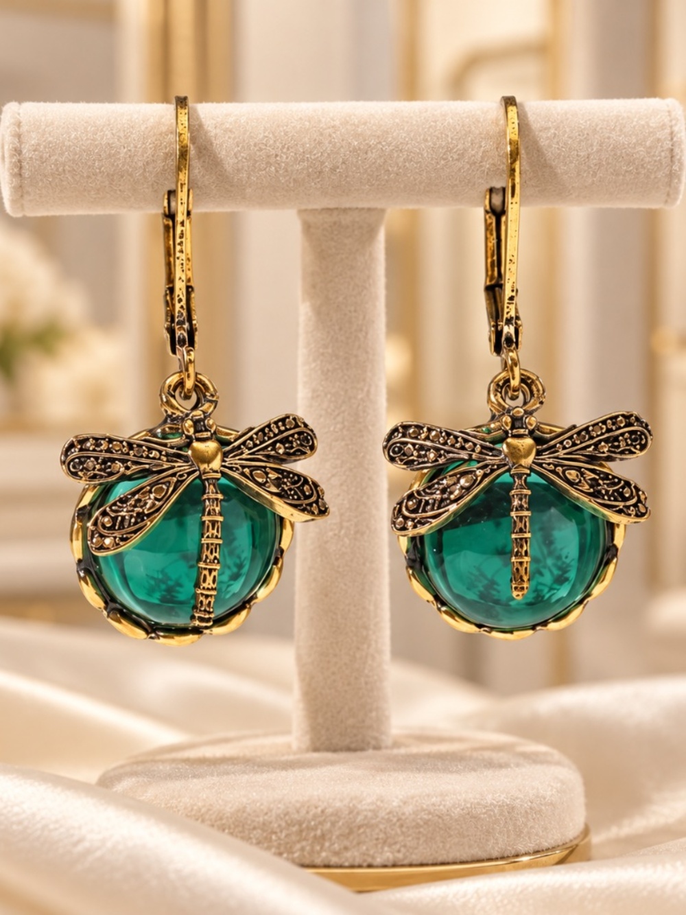 Vintage Gold Dragonfly Drop Leverback Earrings with Emerald Cabochons | New